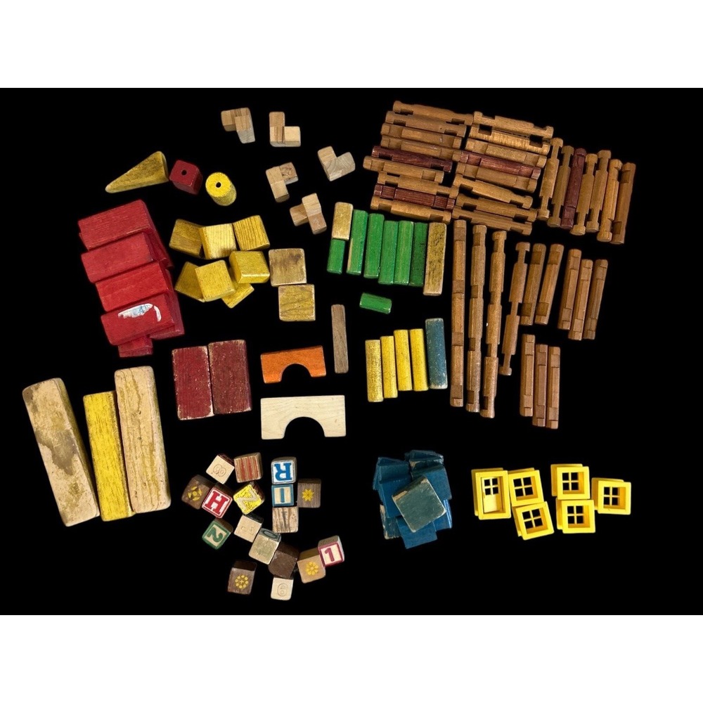 Vintage Wooden Building Blocks Lot Lincoln Logs Alphabet Blocks‎ Mixed Set 80+pc